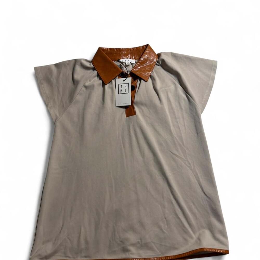 THML Clothing Faux Leather Trim Polo Blouse